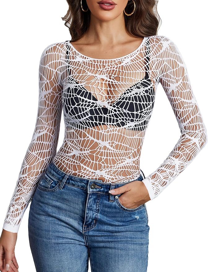 Avidlove Spiderweb Fishnet Mesh Top worn by a model