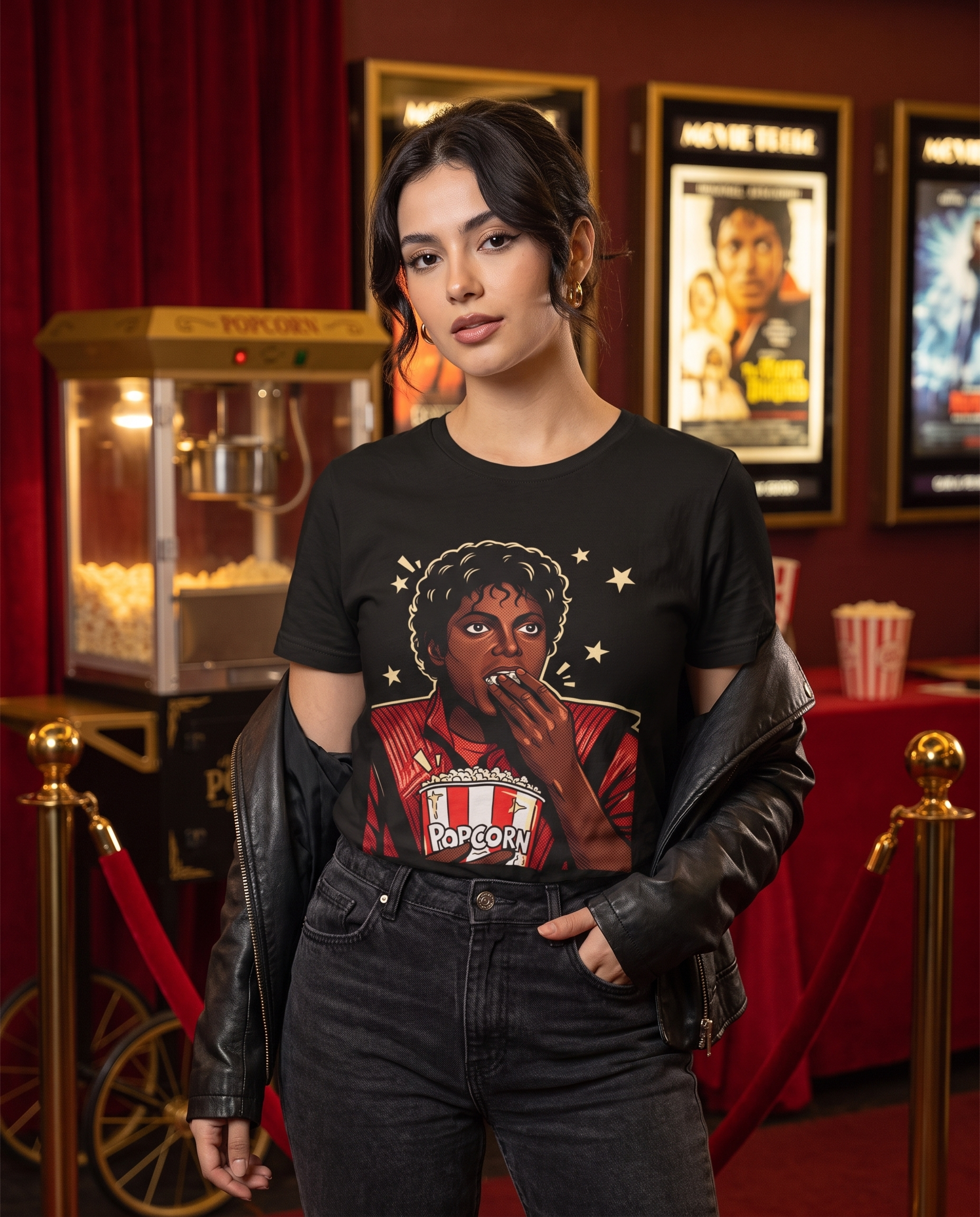 Thriller Popcorn Meme Graphic Tee worn by a model