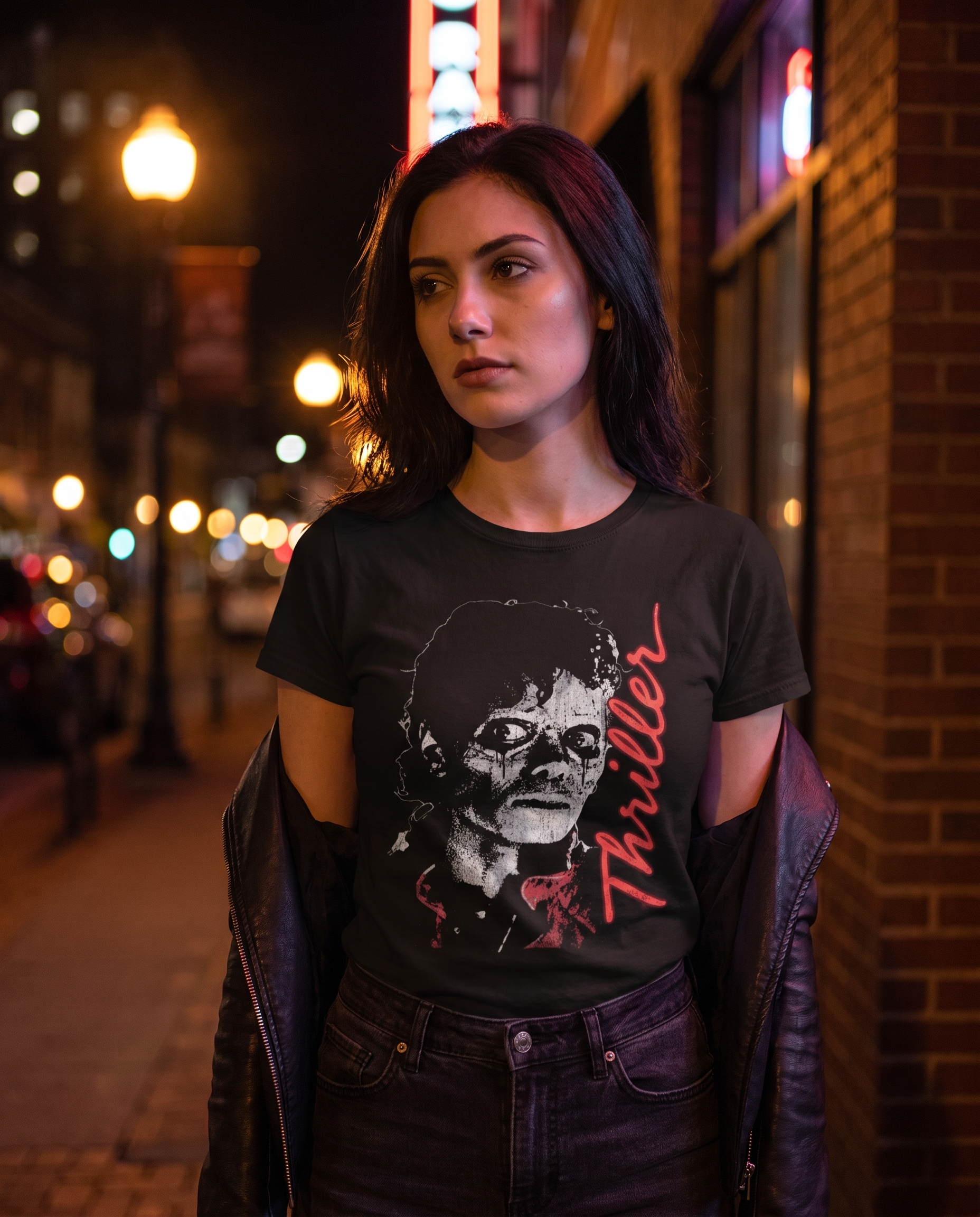 Thriller Horror Retro Script Tee worn by a model