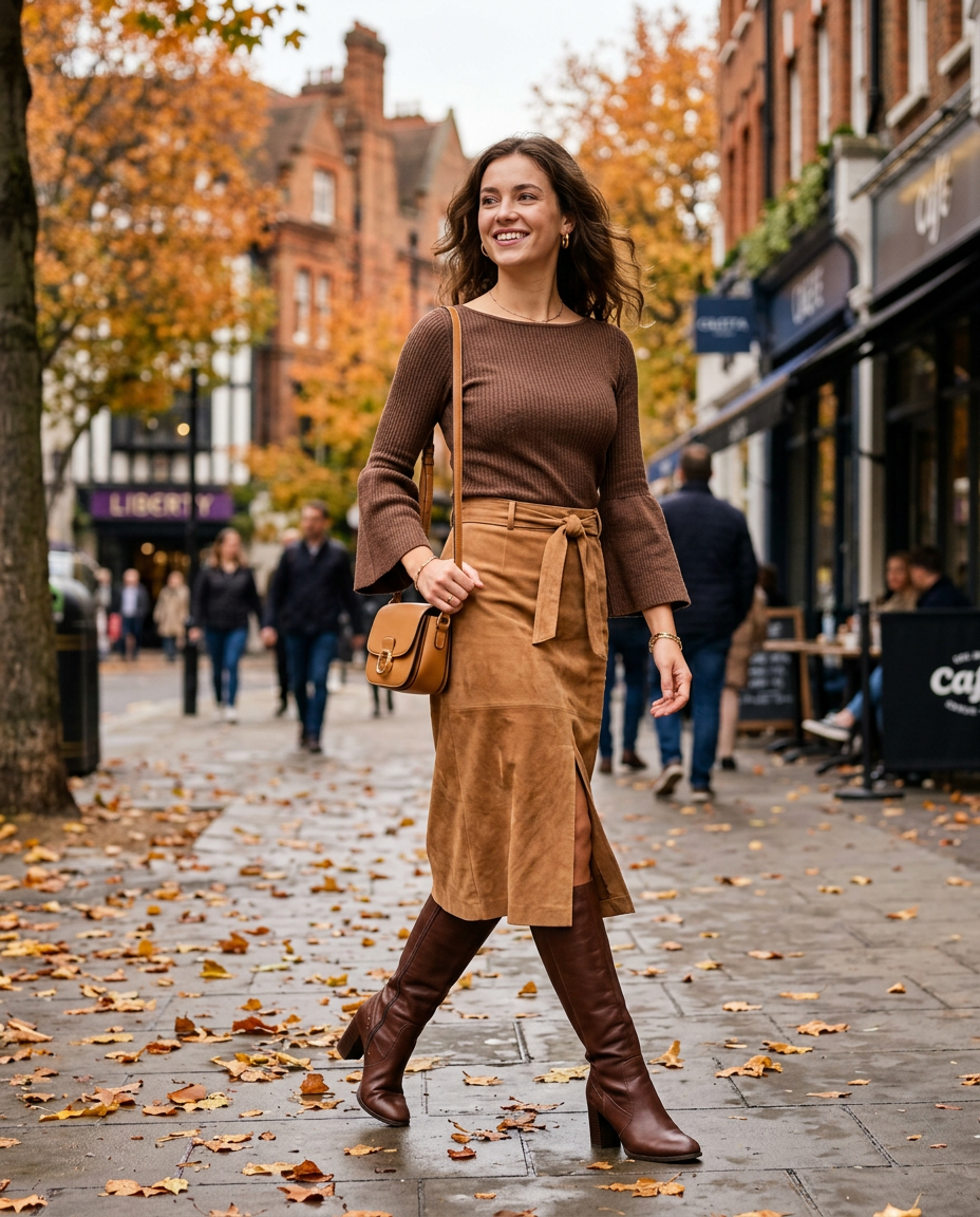 Young woman styling a brown boat neck bell-sleeve top with a suede midi skirt and tall boots