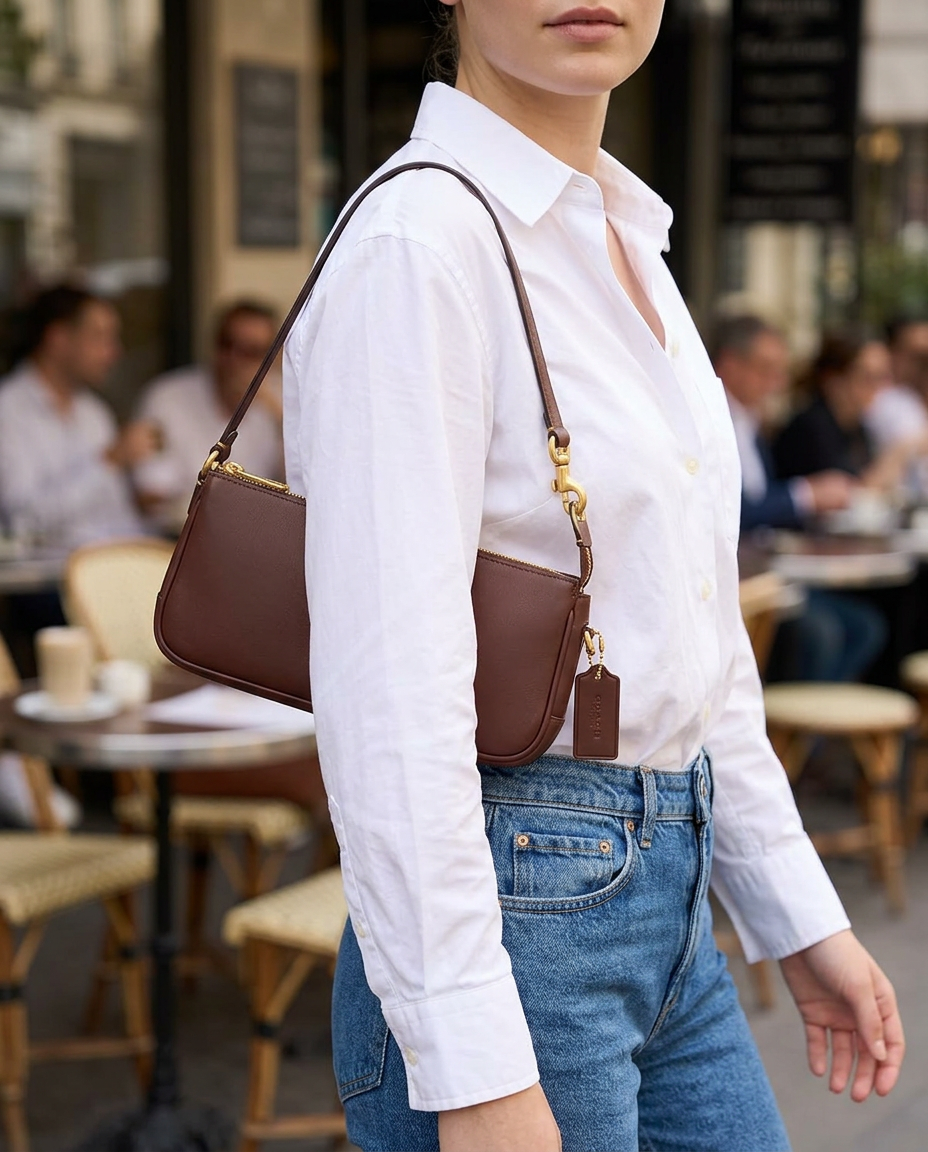 Coach Plaza Bag 18 in Natural Grain Leather worn by a model
