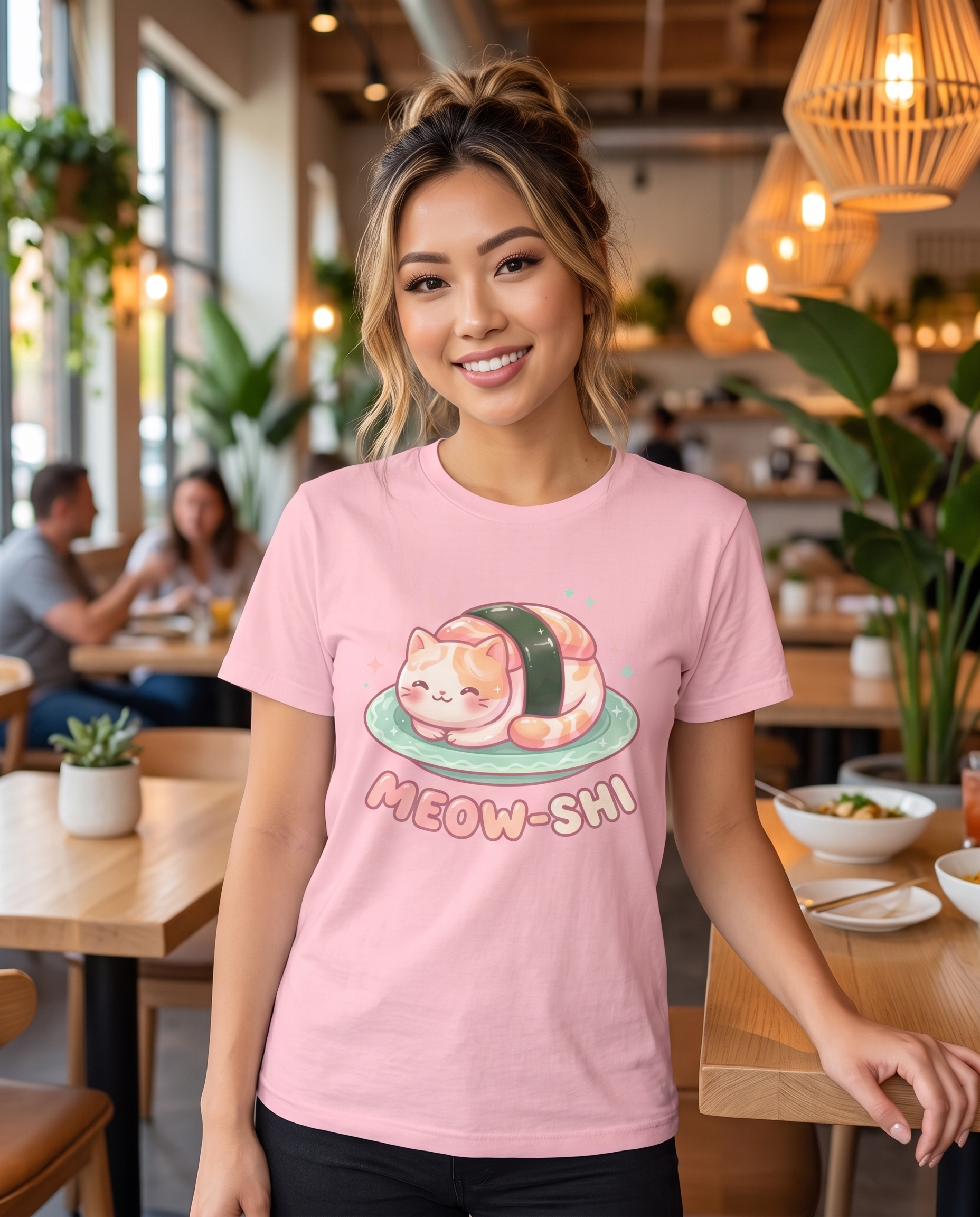 Meow-shi Cat Sushi T-Shirt worn by a model