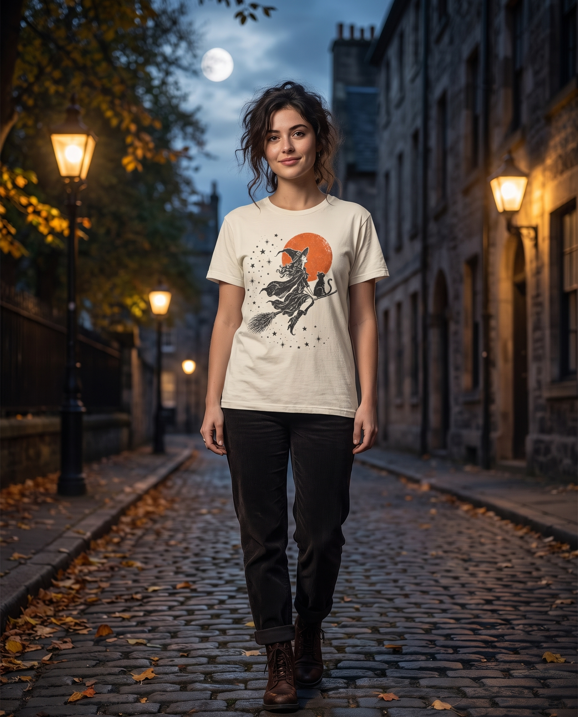 Witch & Black Cat Vintage Moon Tee worn by a model