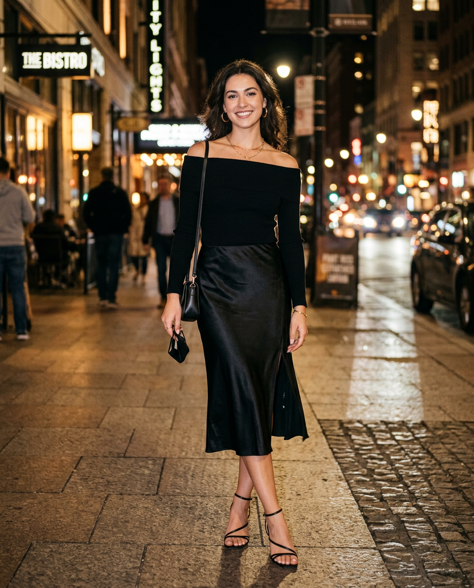 Young woman wearing a black wide-neck top with a satin midi skirt for date night