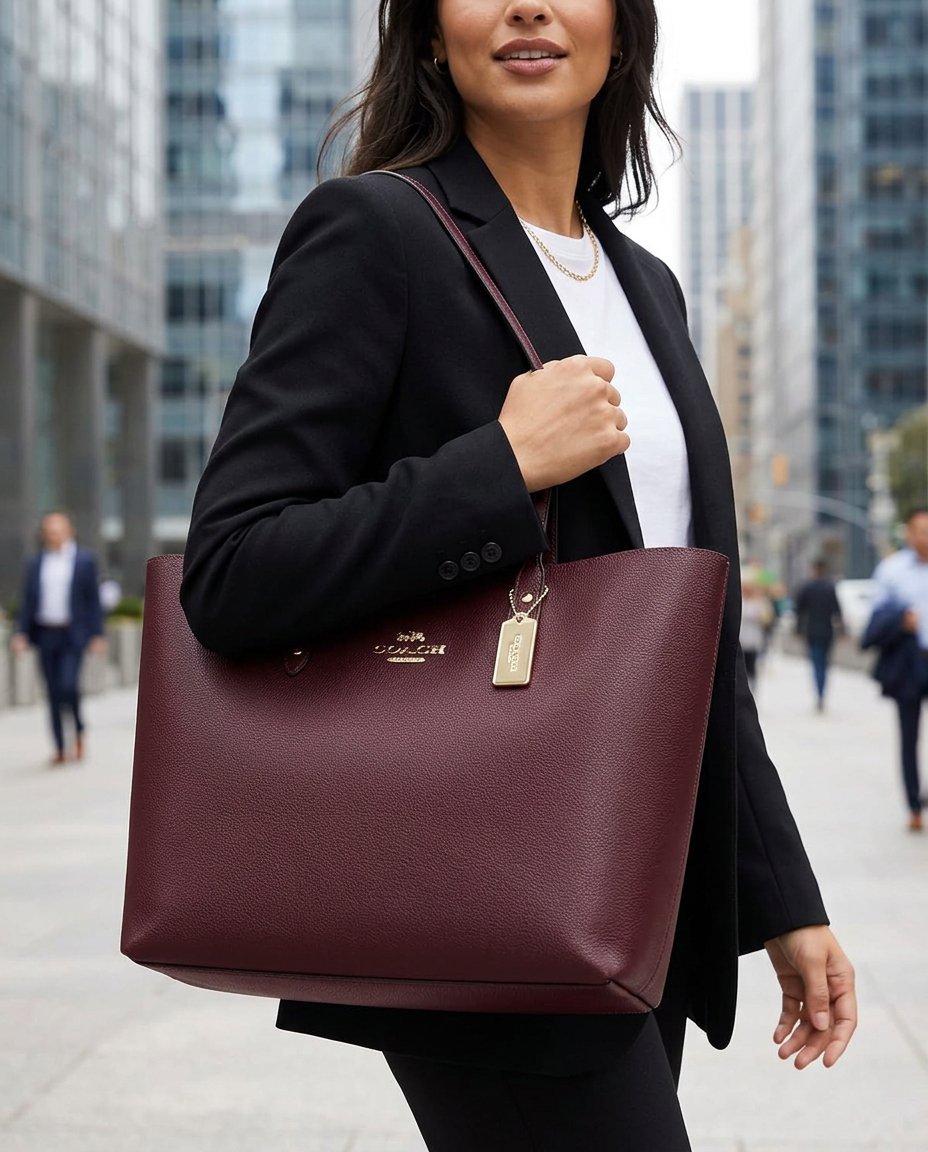 Coach Town Tote in Pebbled Leather worn by a model