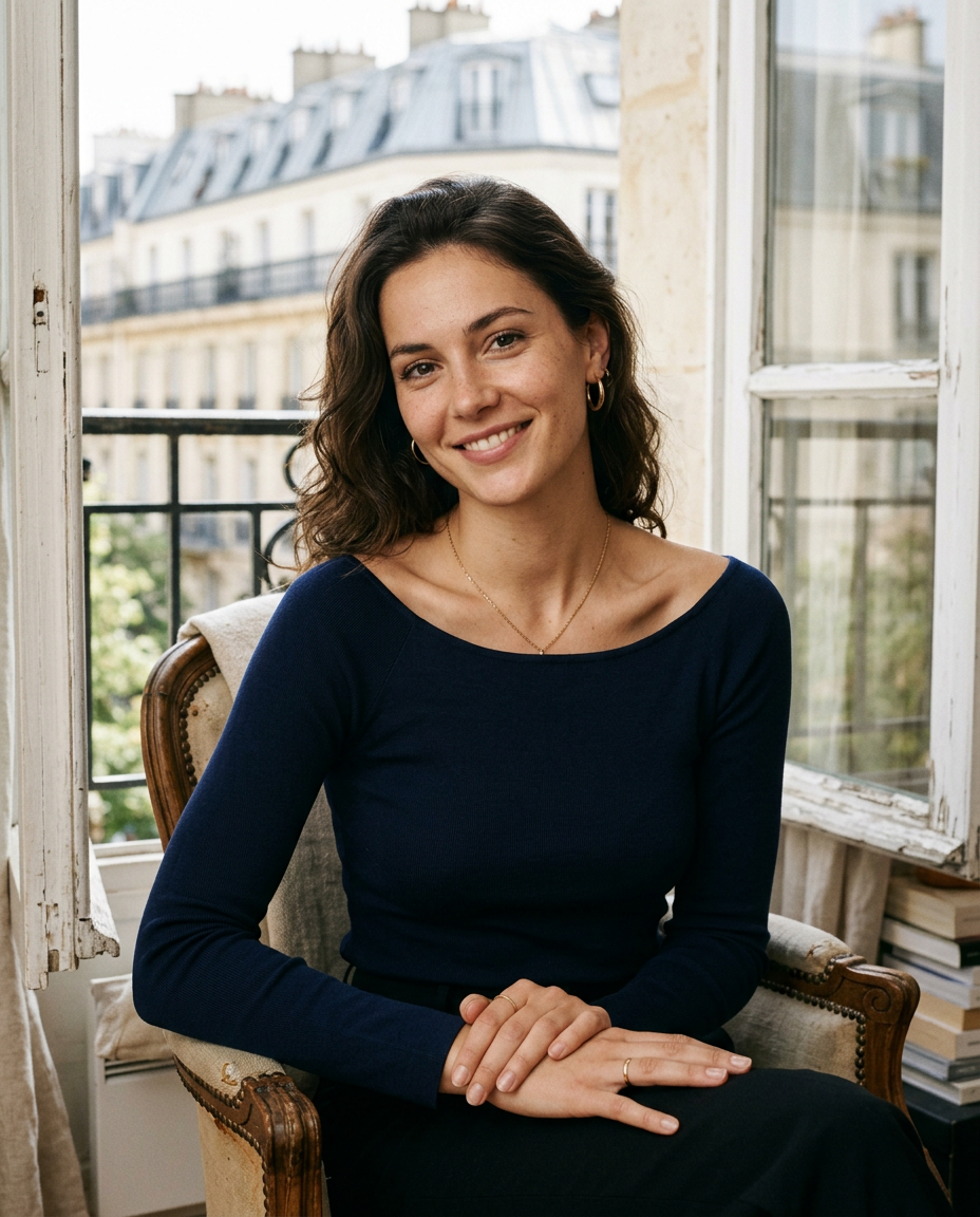 Young woman wearing a navy boat neck top beside a Parisian window
