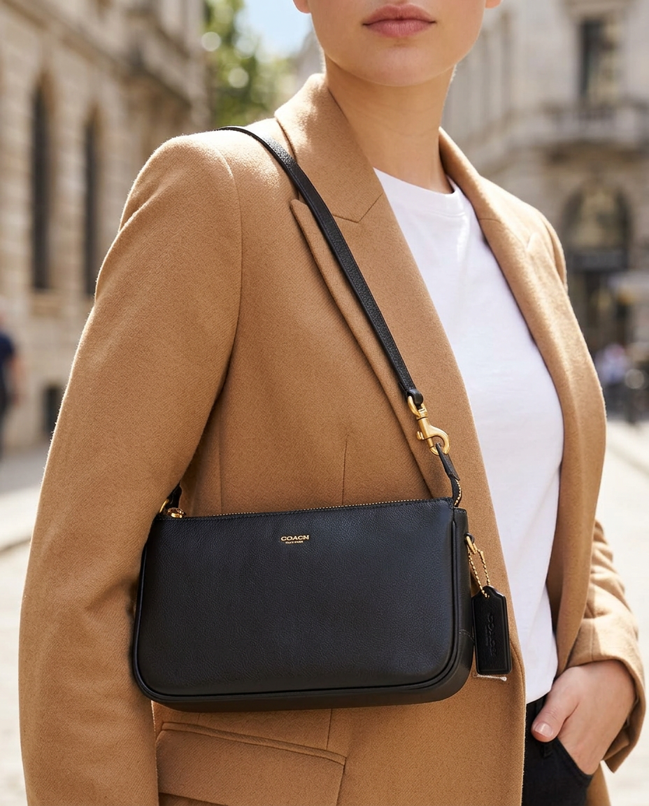 Coach Natural Grain Leather Plaza Bag in Black worn by a model