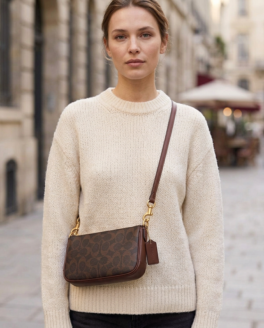 Coach Signature Canvas Plaza Bag 18 worn by a model
