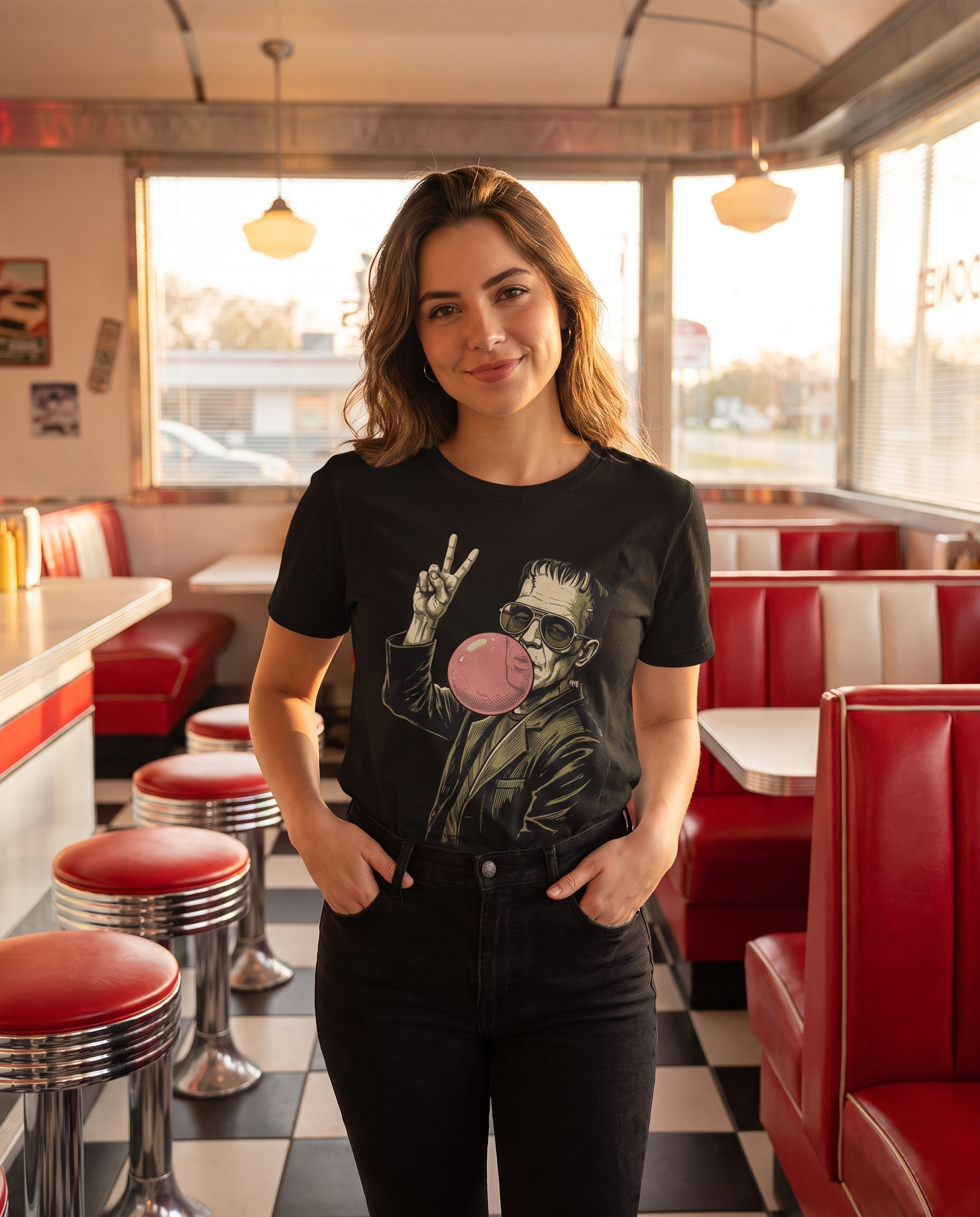 Frankenstein Bubblegum Graphic Tee worn by a model