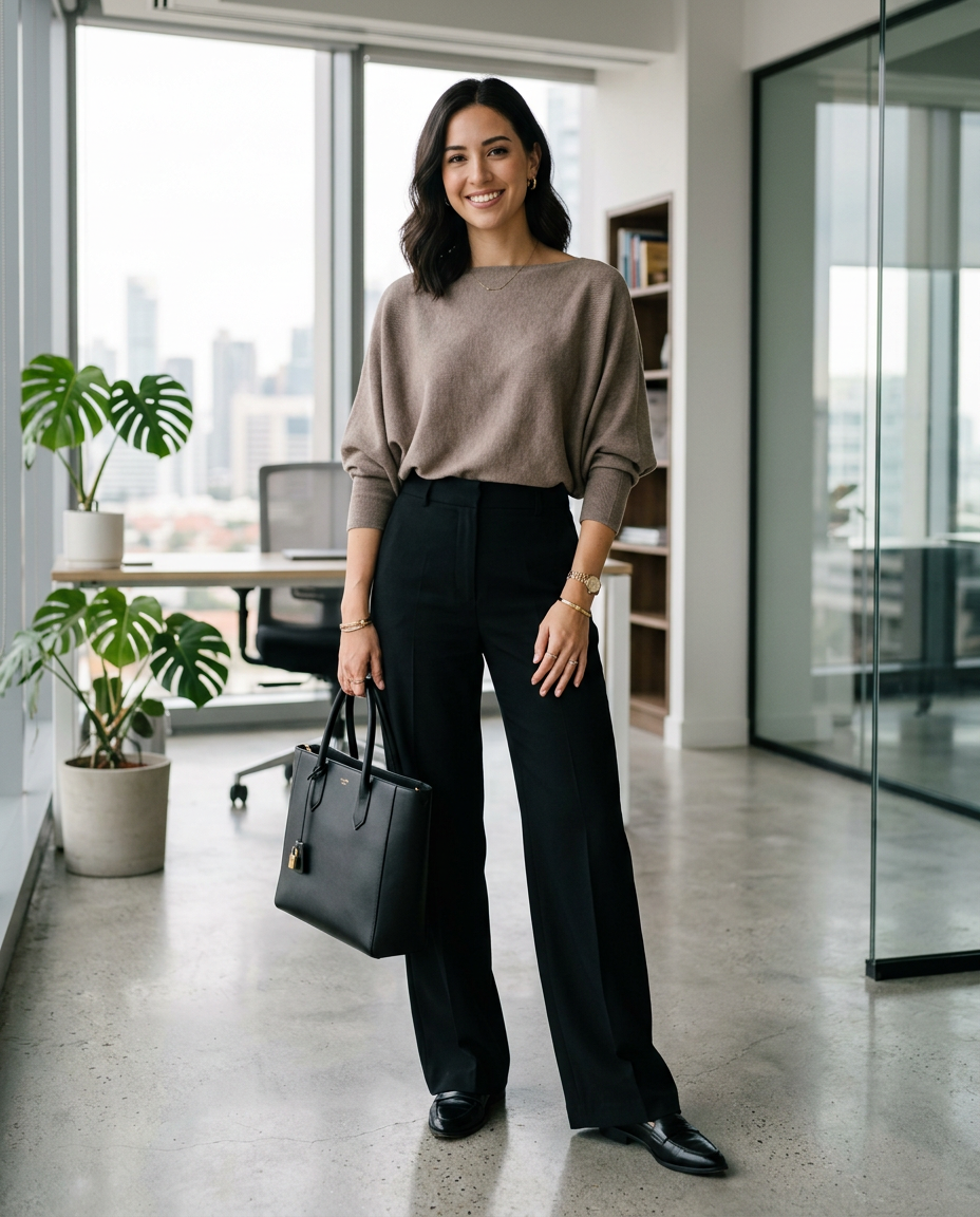 Young woman styling a taupe batwing wide-neck knit with black wide-leg trousers for work