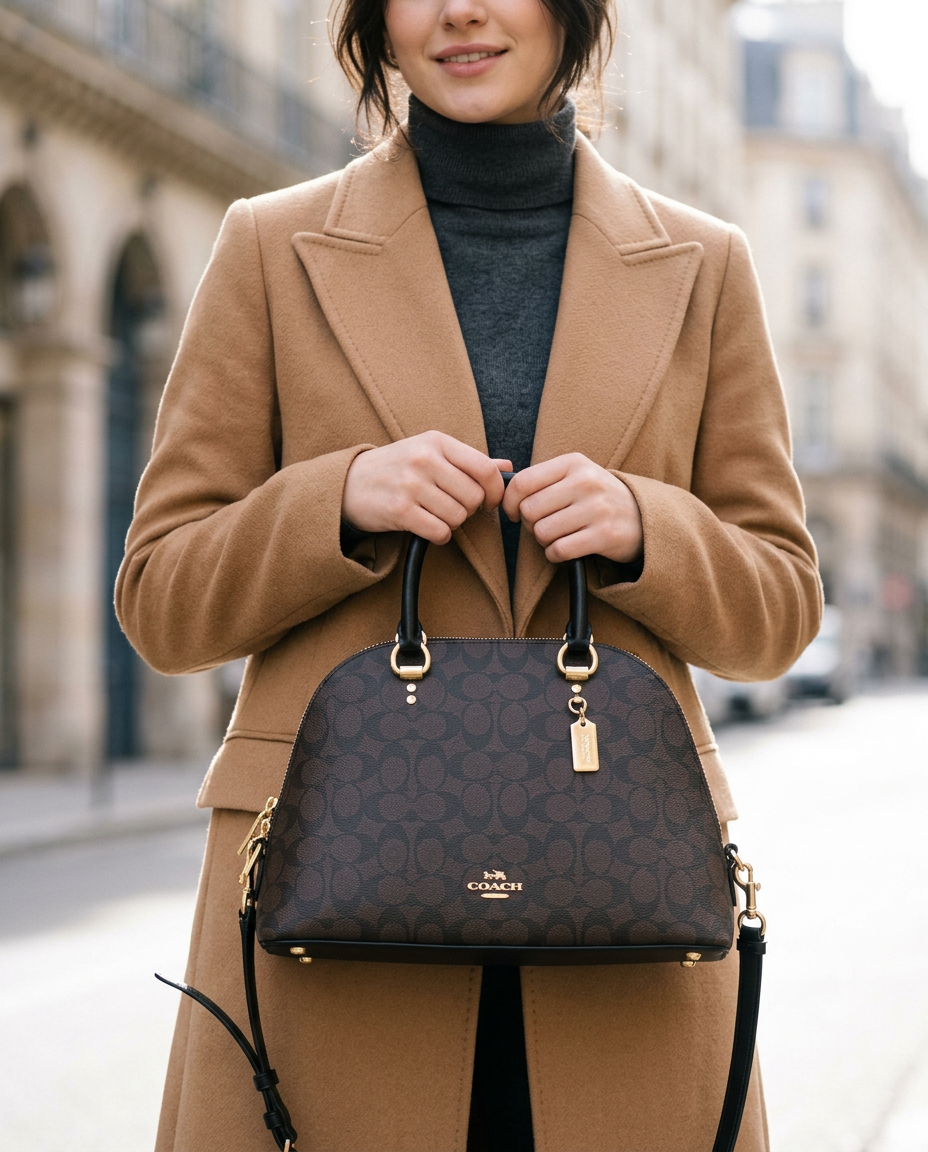 Coach Katy Satchel in Signature Canvas worn by a model