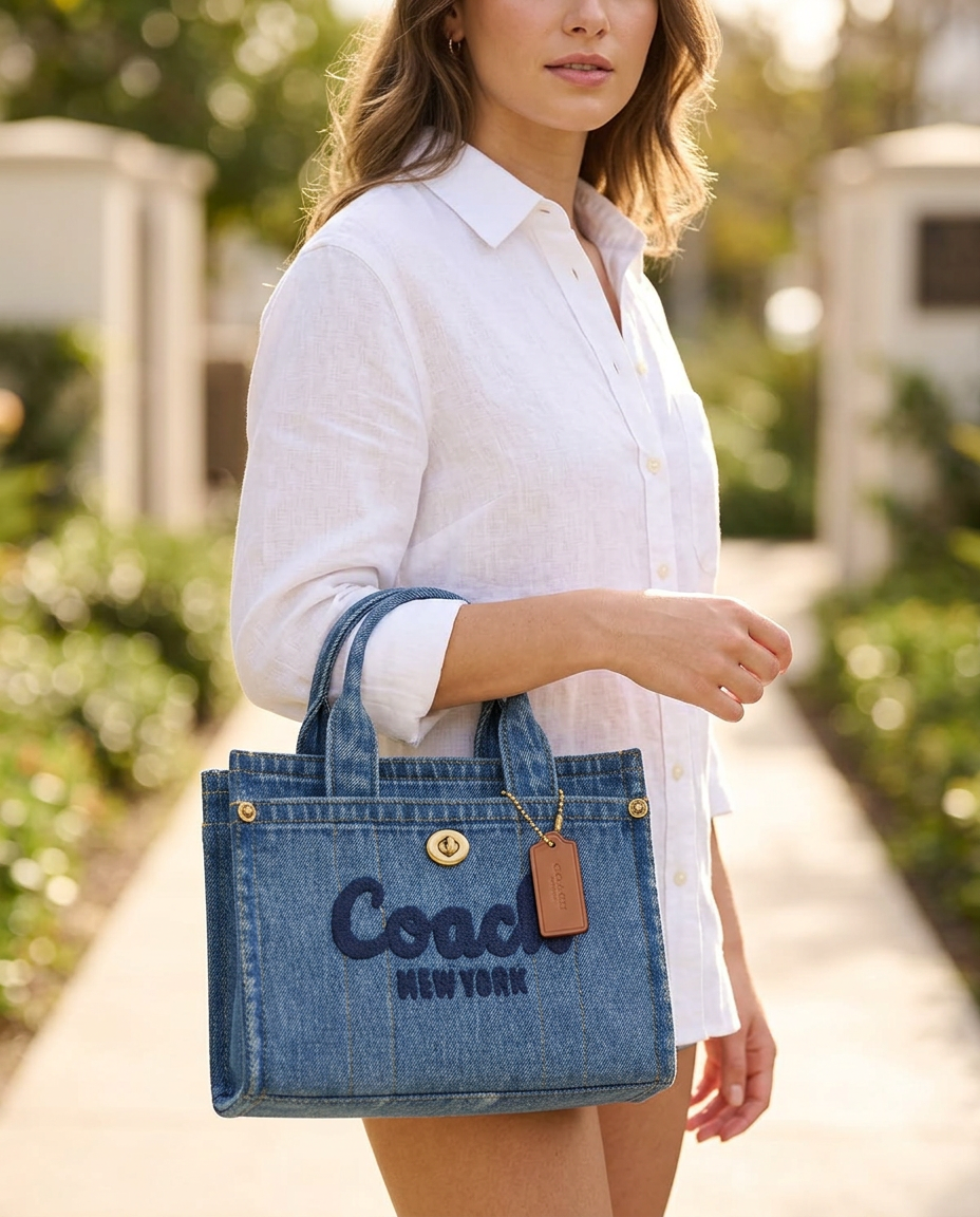 Coach Cargo Tote 20 in Denim worn by a model