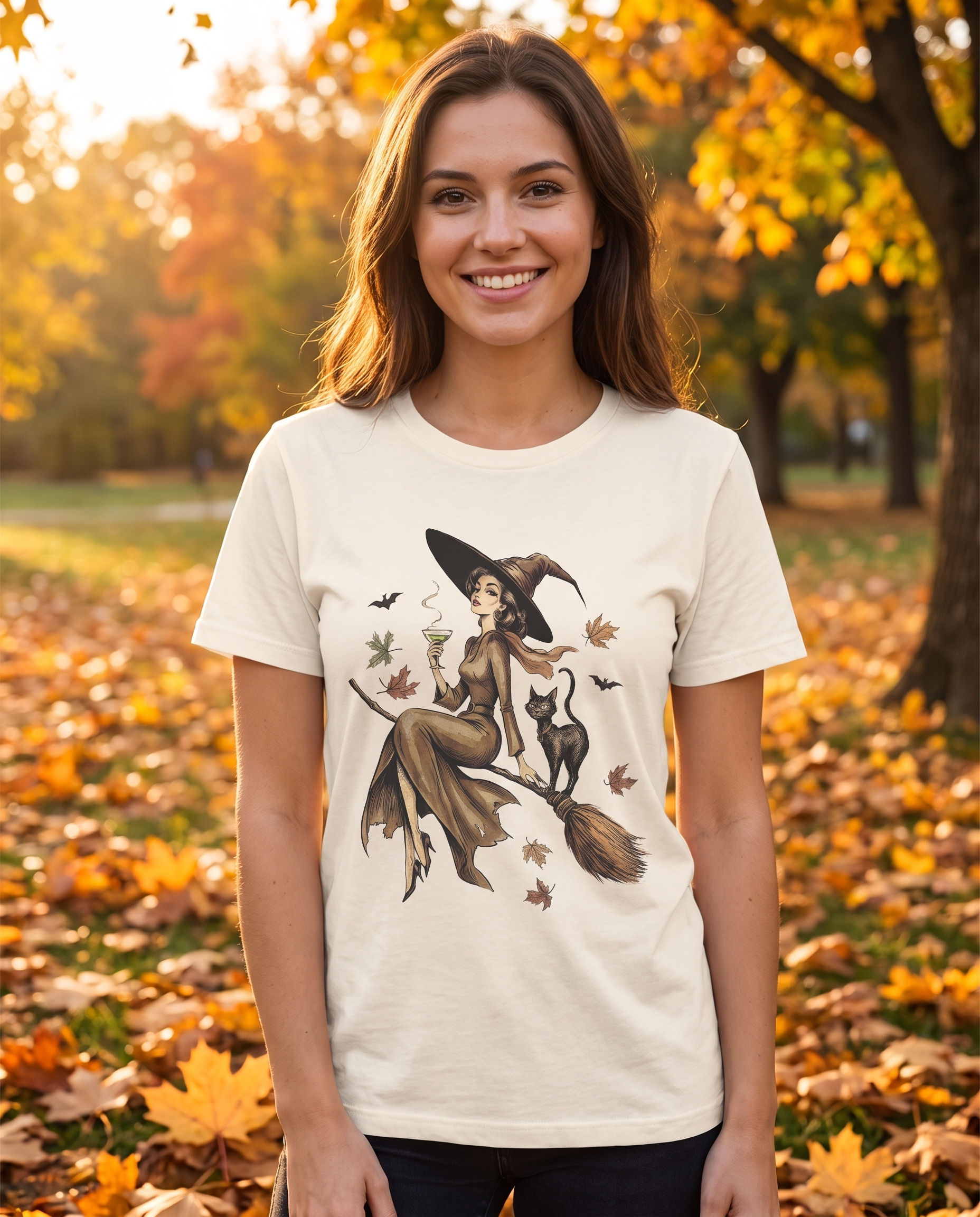 Witch on Broom Vintage Halloween Tee worn by a model