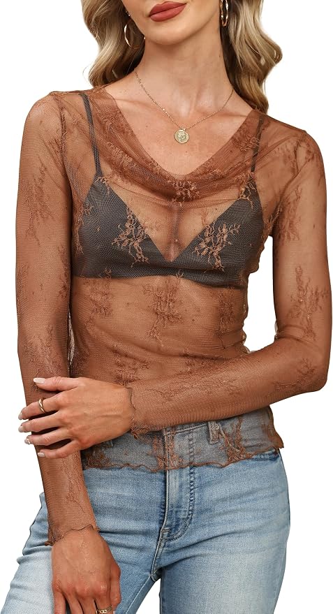 WIHOLL Cowl Neck Sheer Mesh Top worn by a model