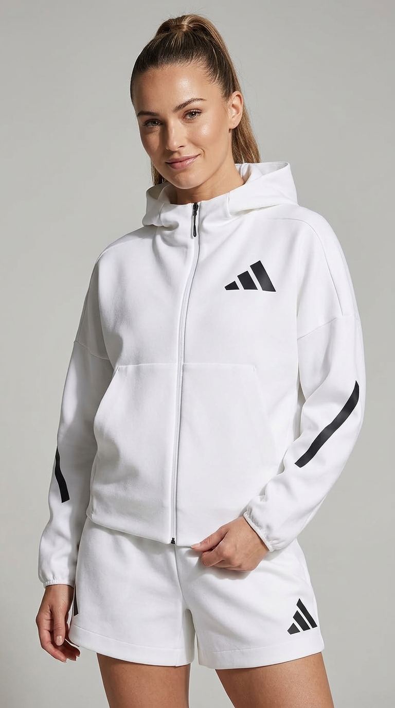 adidas Women's Full-Zip Hoodie in White worn by a model