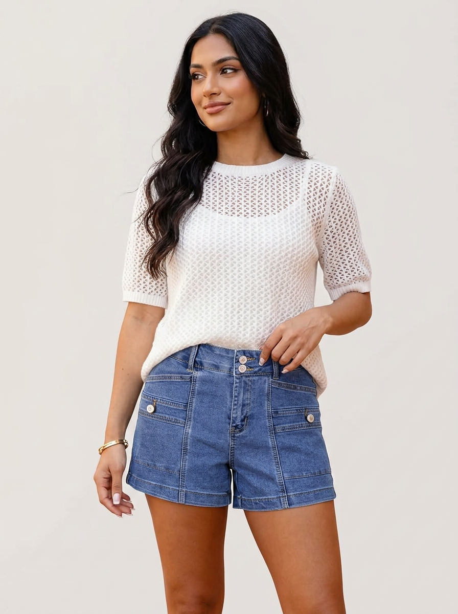 Astylish Vintage Button-Front Stretchy Top worn by a model