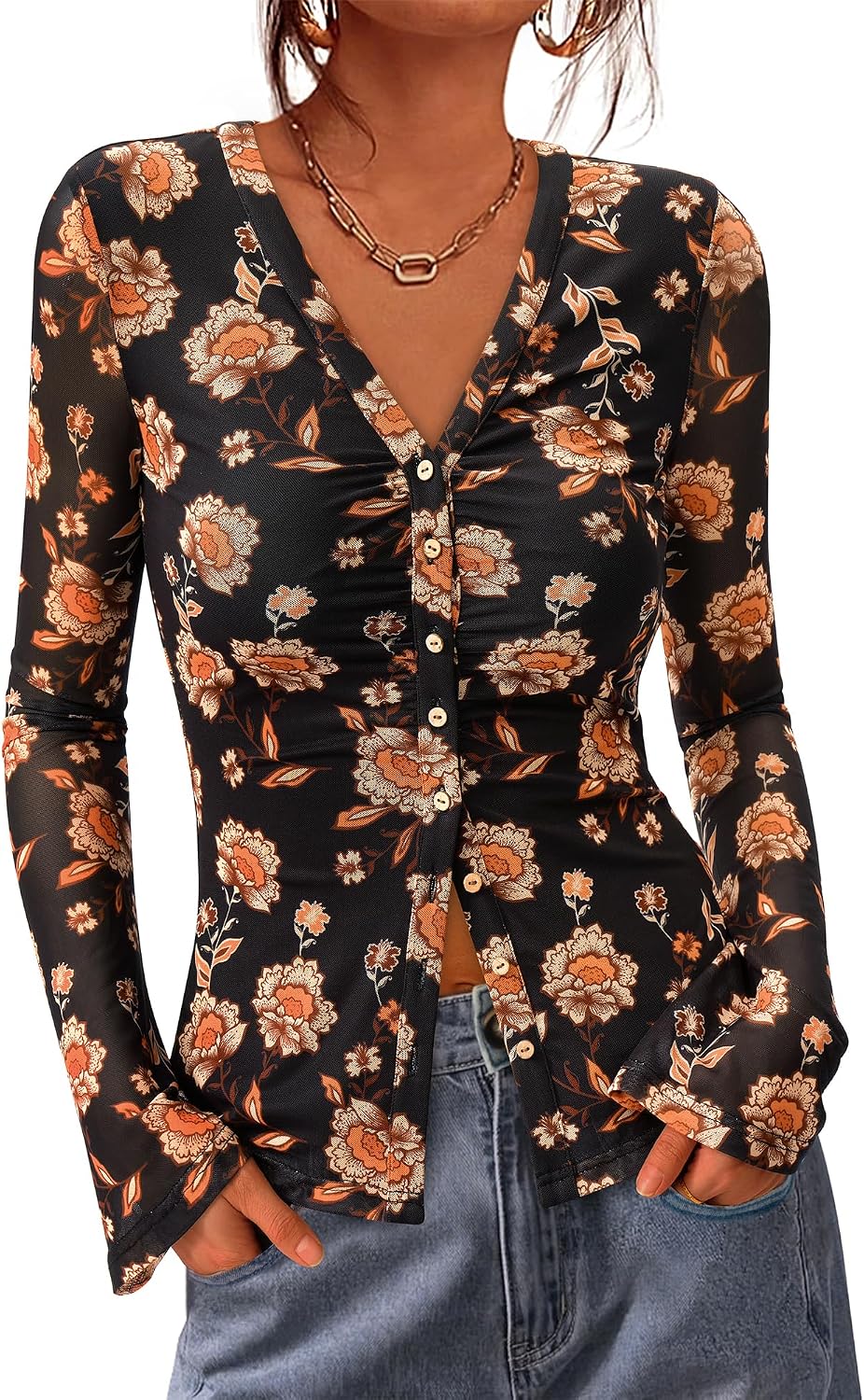 BTFBM Mesh Floral Button Down Boho Top worn by a model