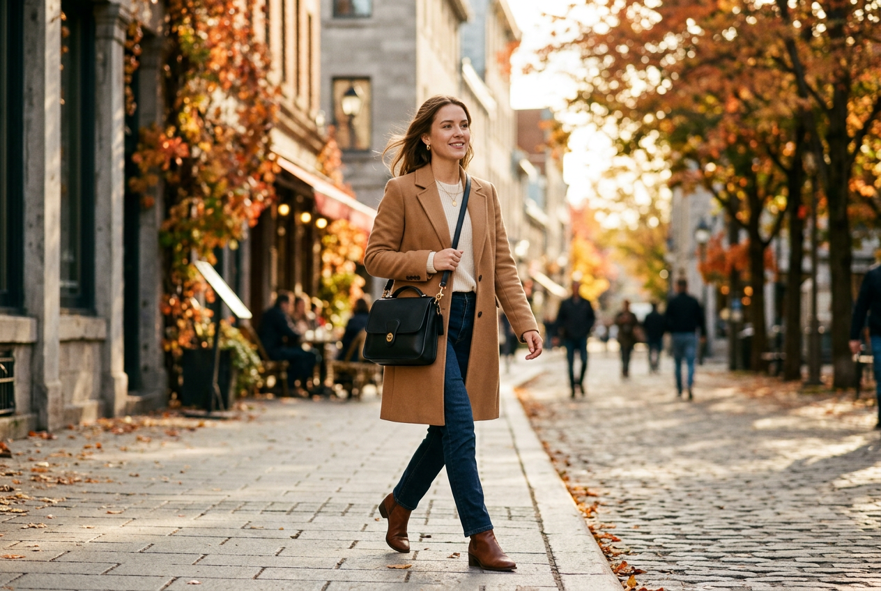 Young woman in a camel coat carrying a black leather shoulder bag on an autumn street