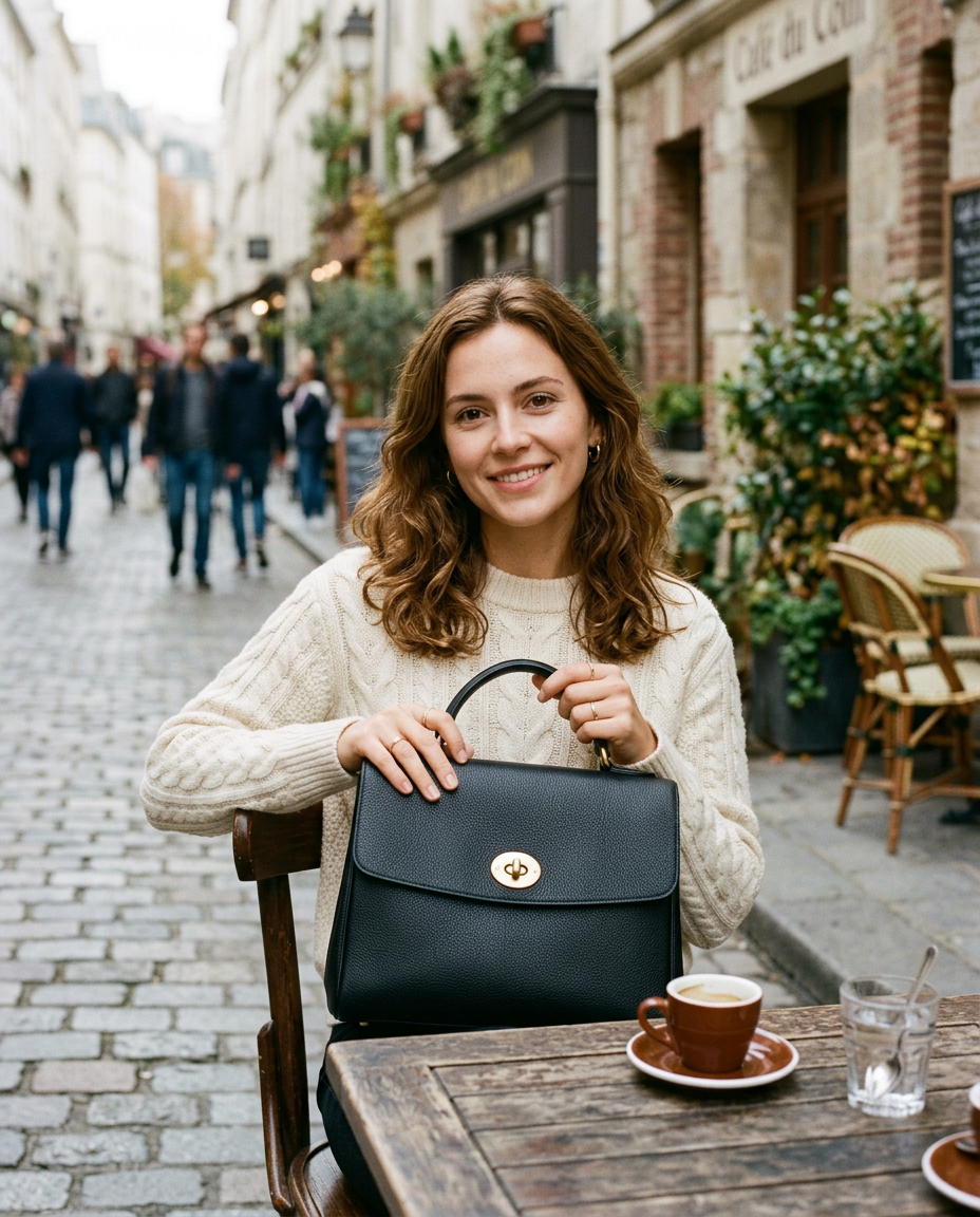 Young woman in a cream knit holding a black leather top-handle bag at a café