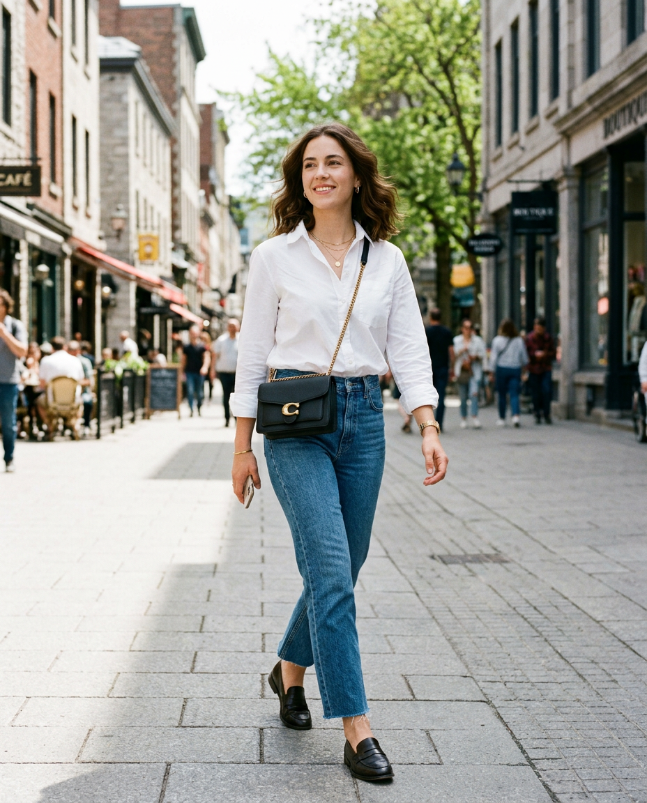 Young woman in a white shirt and straight jeans wearing a black chain crossbody bag