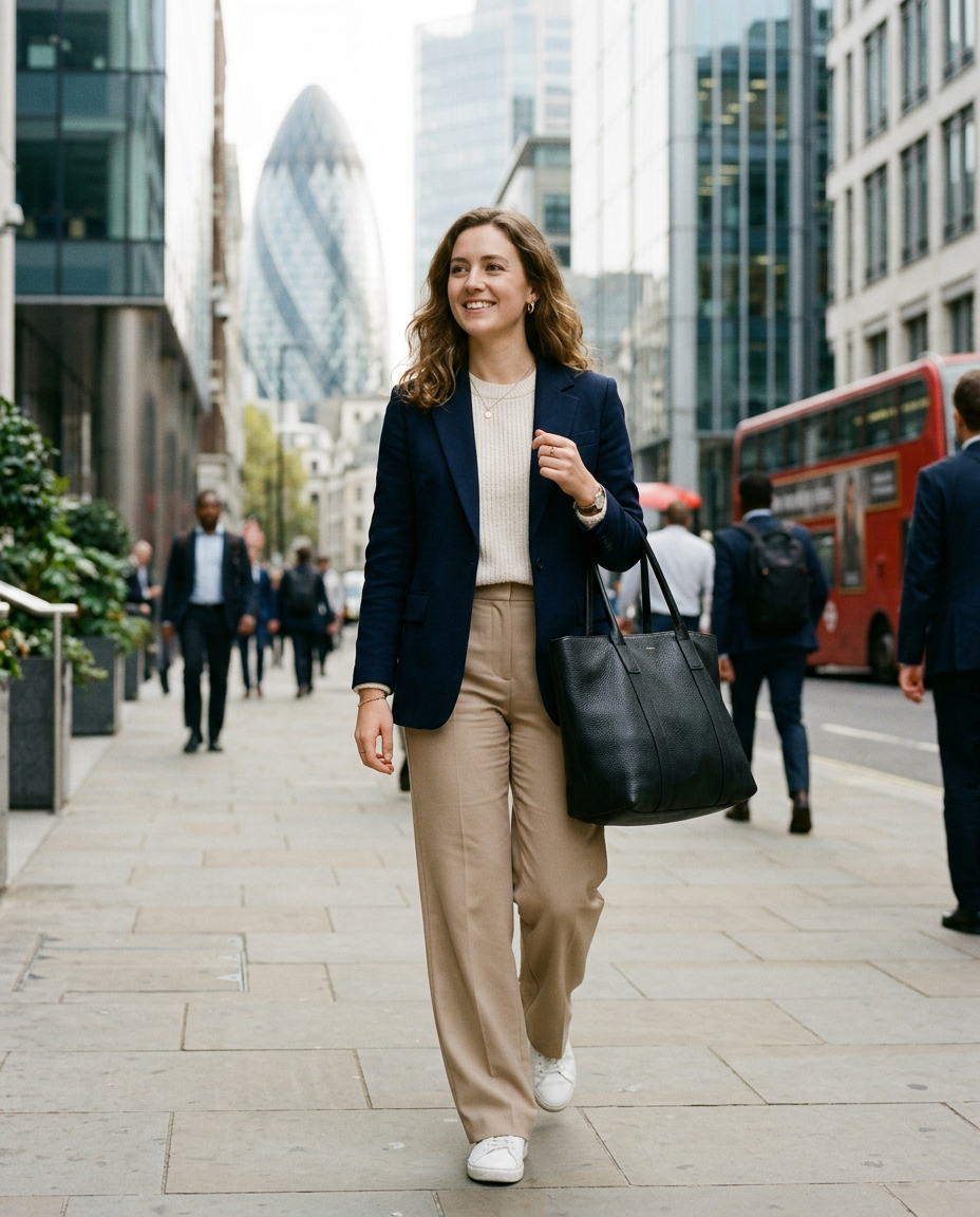 Young woman in a navy blazer and wide-leg trousers carrying a black leather tote