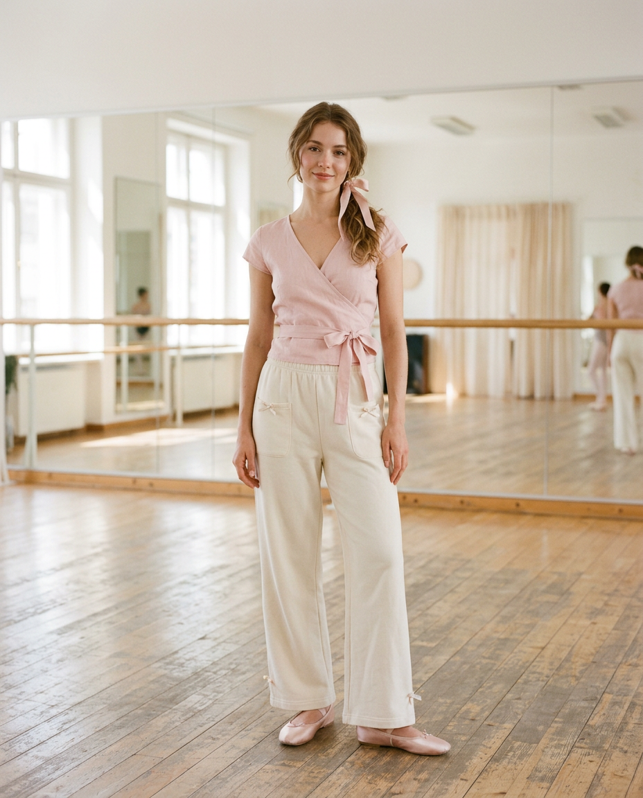 Young woman in a pink ballet wrap top and cream bow sweatpants in a dance studio