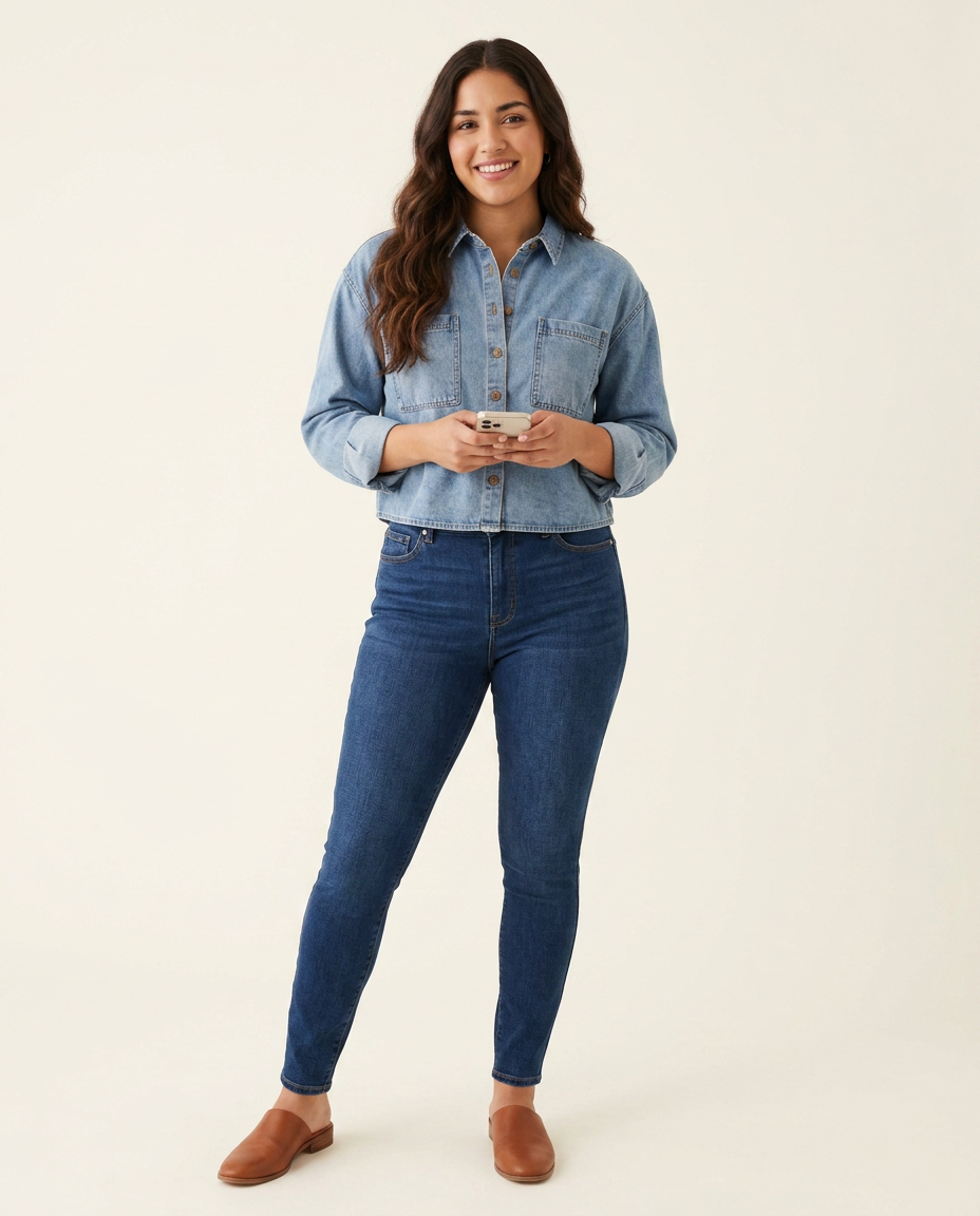 Cropped Denim Button Down Shirt worn by a model