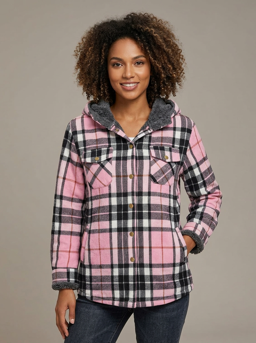 Elesuit Hooded Flannel Shacket worn by a model
