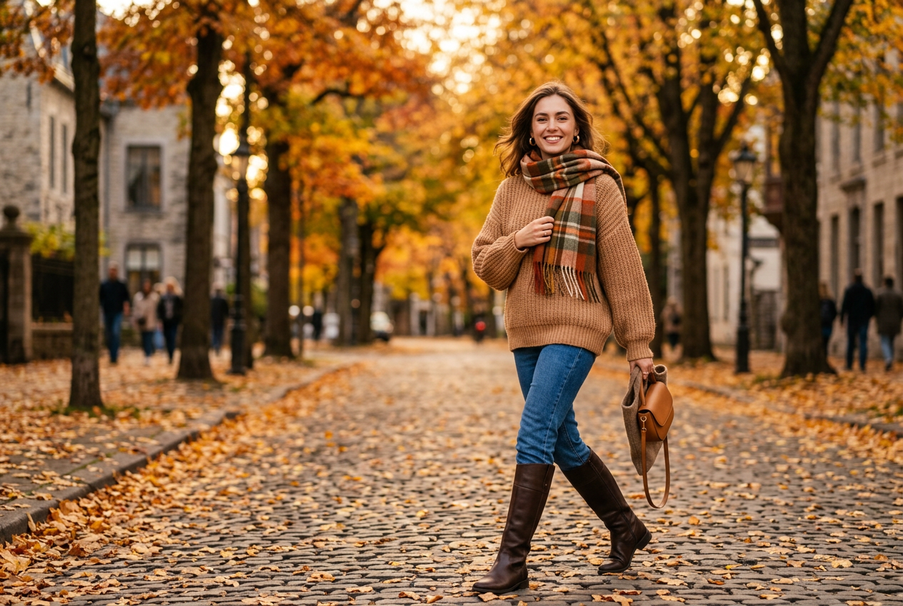 Young woman in a camel knit sweater, jeans and tall boots on a leaf-covered street