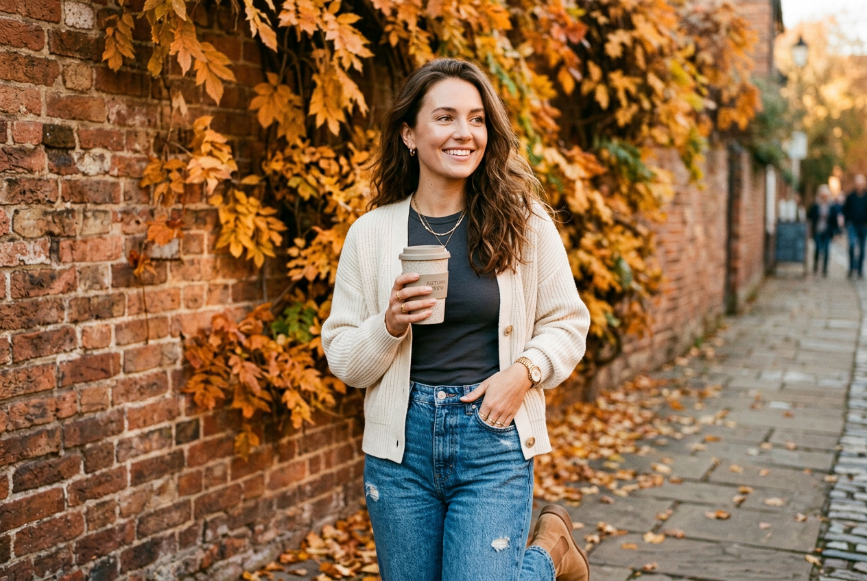 Young woman in a cream cardigan and high-waist denim holding coffee by a brick wall