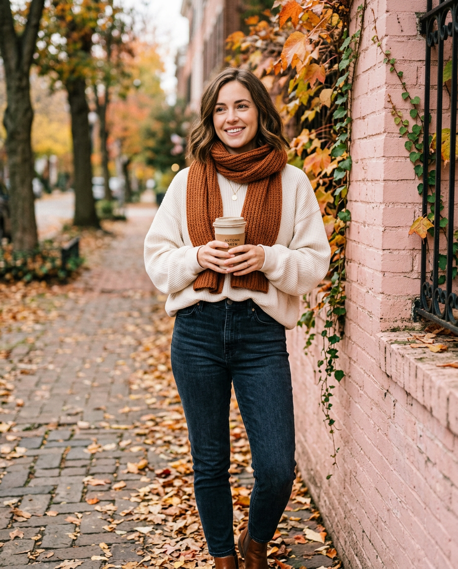 Woman in an oversized sweatshirt holding coffee beside a pink brick wall
