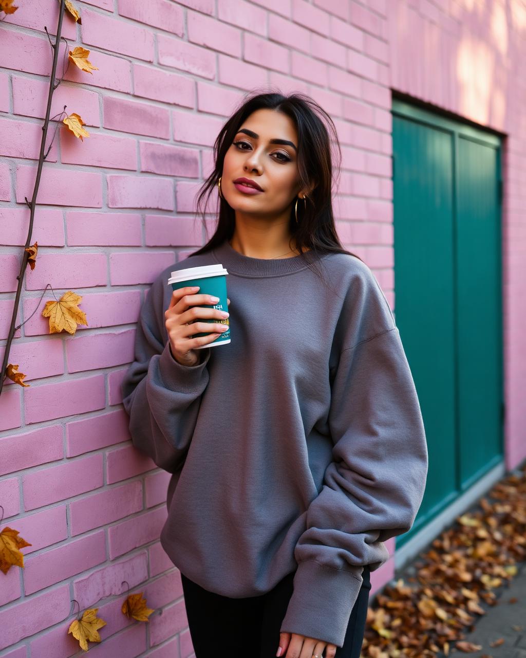 Woman in an oversized sweatshirt holding coffee beside a pink brick wall