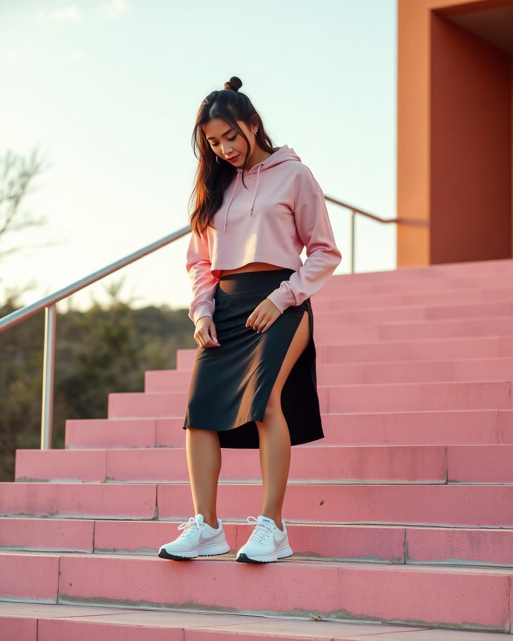 Woman in a workout skort and cropped hoodie lacing sneakers outdoors