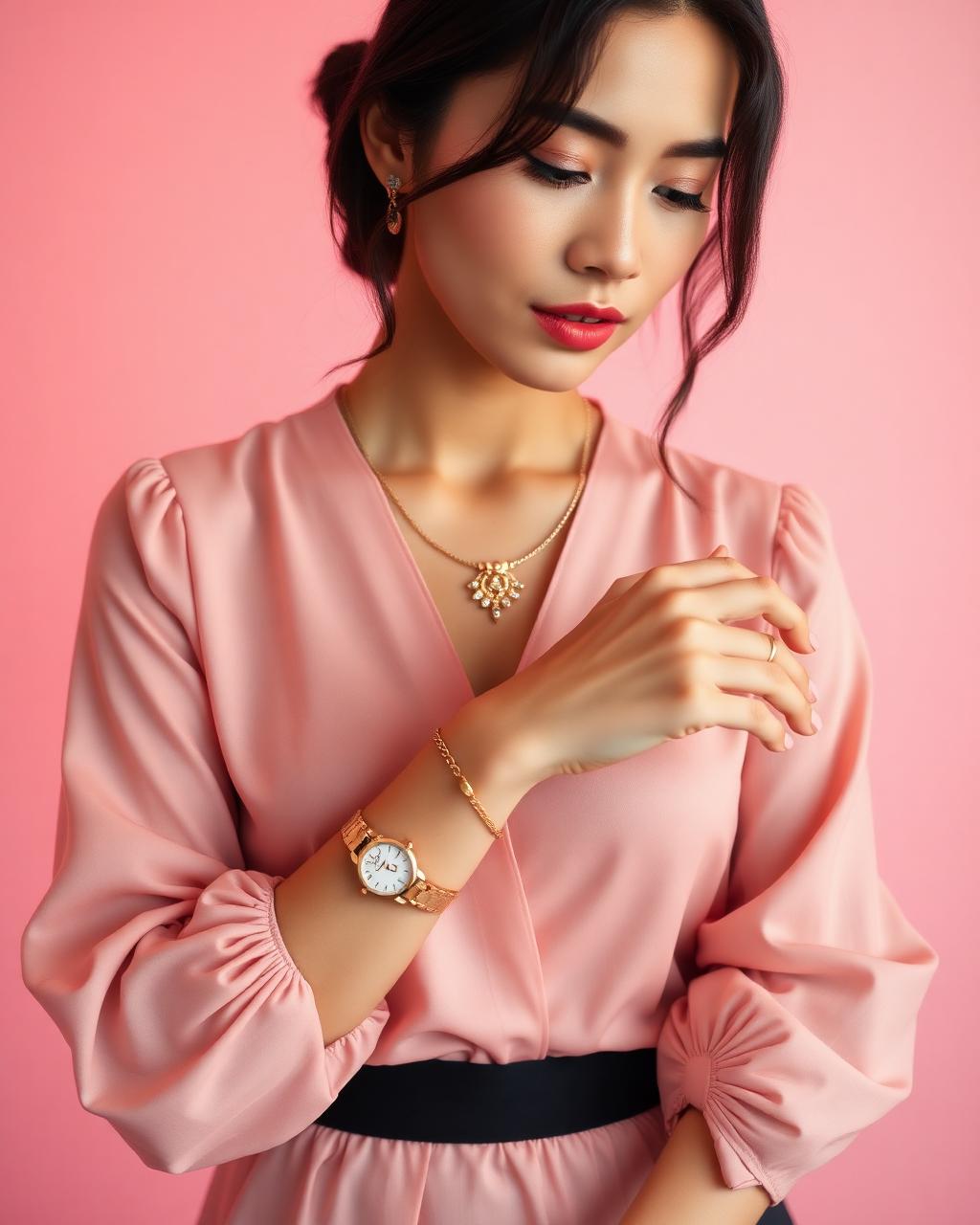 Woman in a blush blouse wearing a gold bracelet, watch and necklace