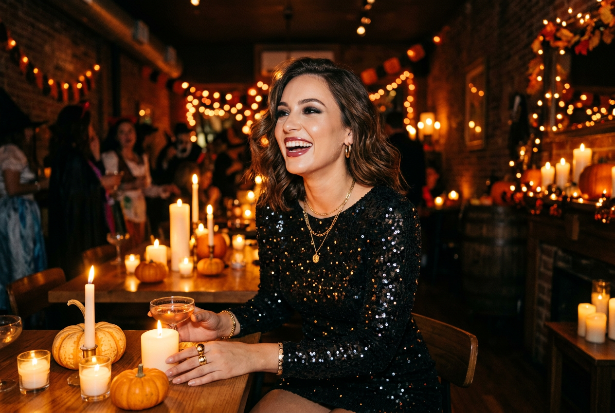 Young woman in a black sequin dress laughing at a candlelit Halloween party