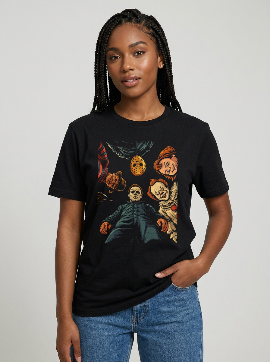 Horror Movie Inspired Graphic T-Shirt worn by a model