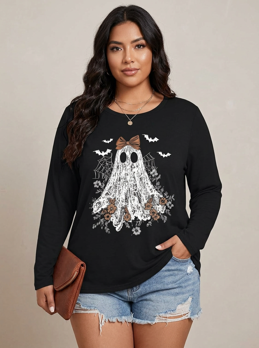Ithalt Halloween Bow Long Sleeve Tee worn by a model