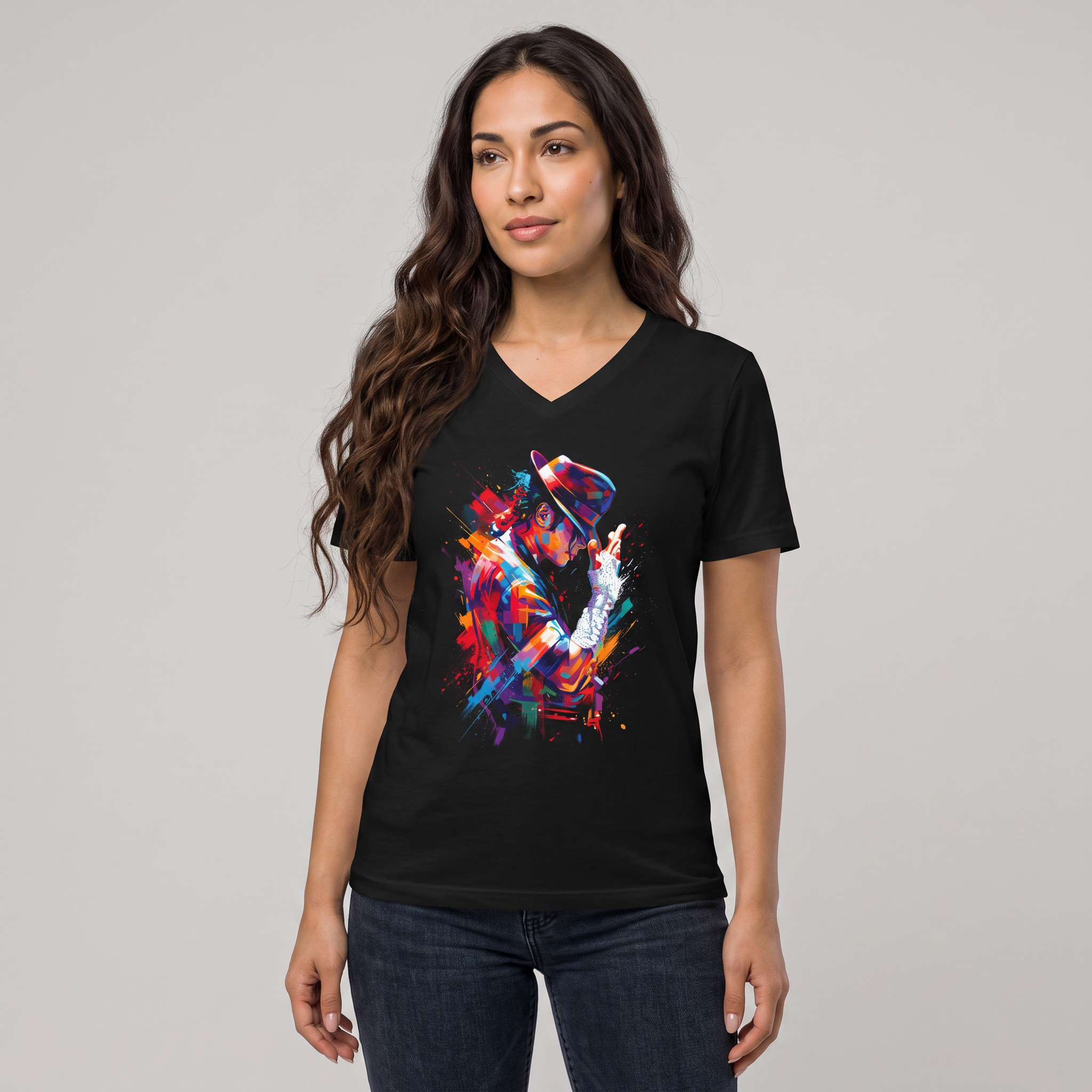 Michael Jackson Colorful Silhouette V-Neck Tee worn by a model