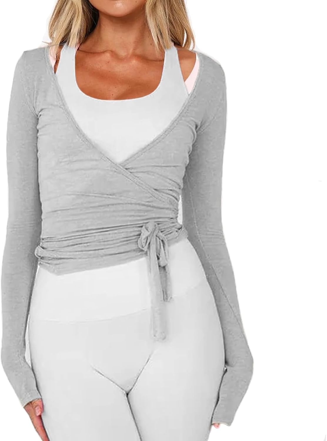 NVRENJIA Coquette Ballet Wrap Tie Top worn by a model