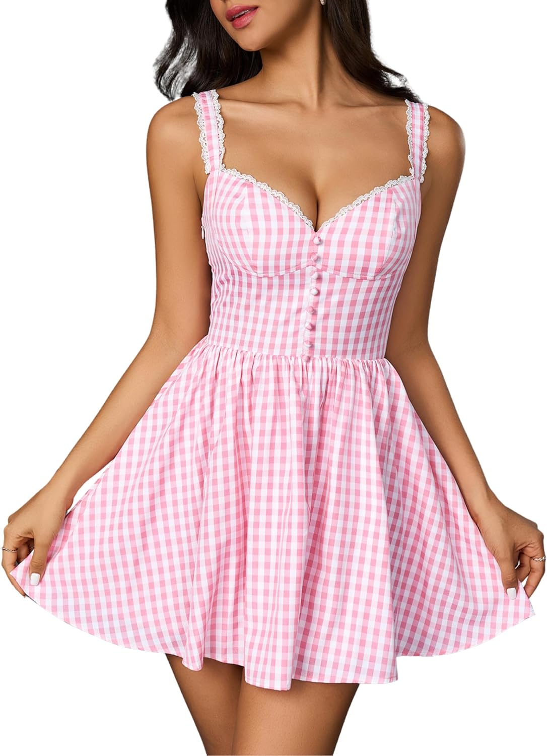 Parthea Gingham Corset Lace Mini Dress worn by a model