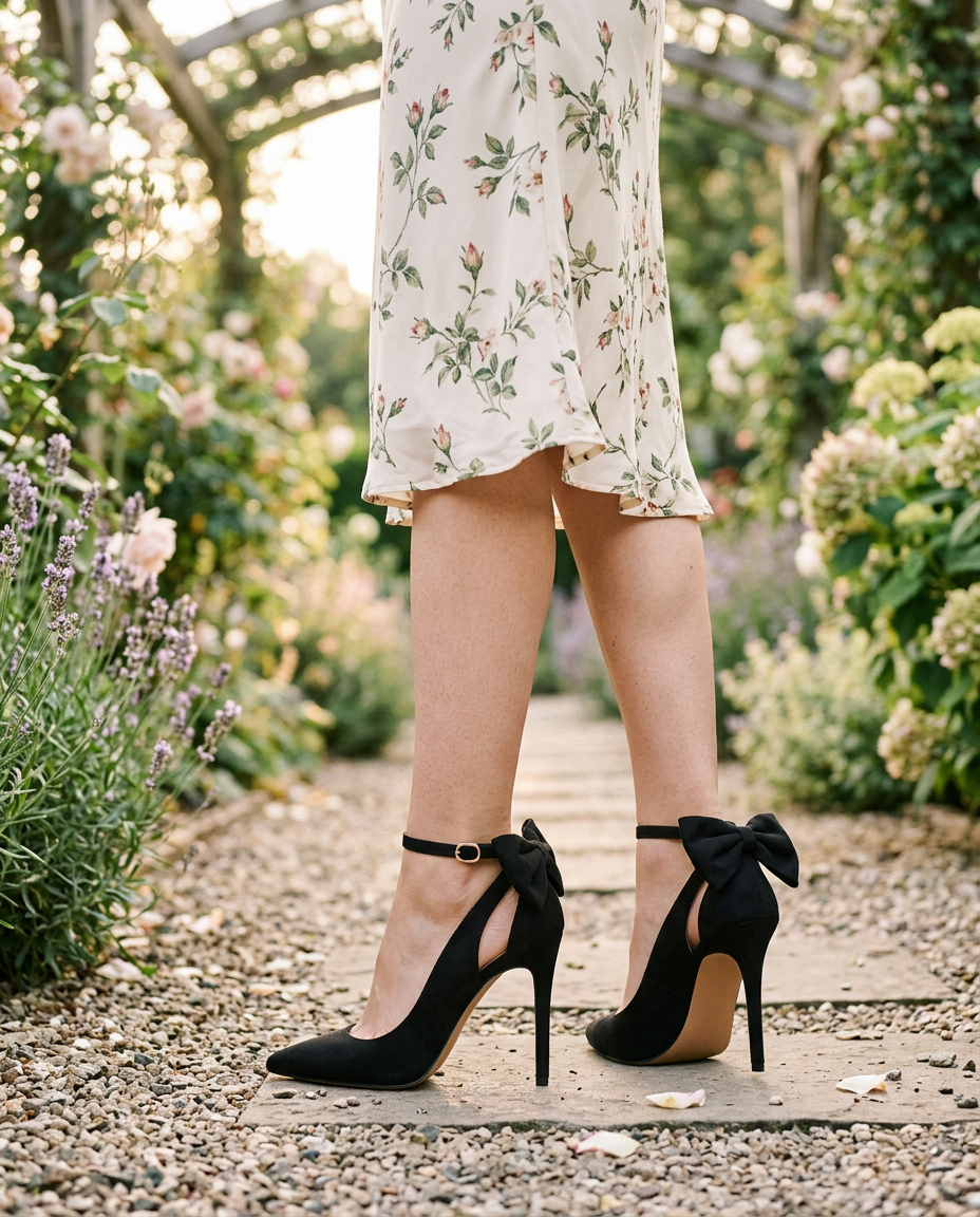 PiePieBuy Bow Ankle-Strap D'Orsay Pumps worn by a model