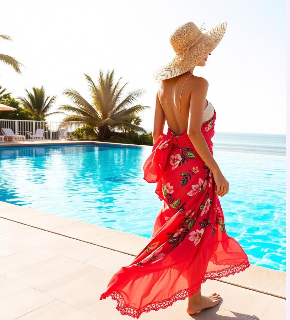 Woman in a floral sarong wrap and straw hat walking by a sunlit pool