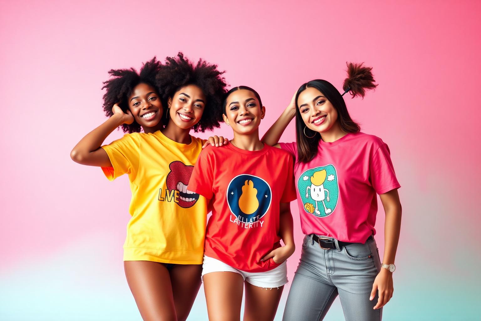 Three friends in colorful graphic tees on a pink studio backdrop