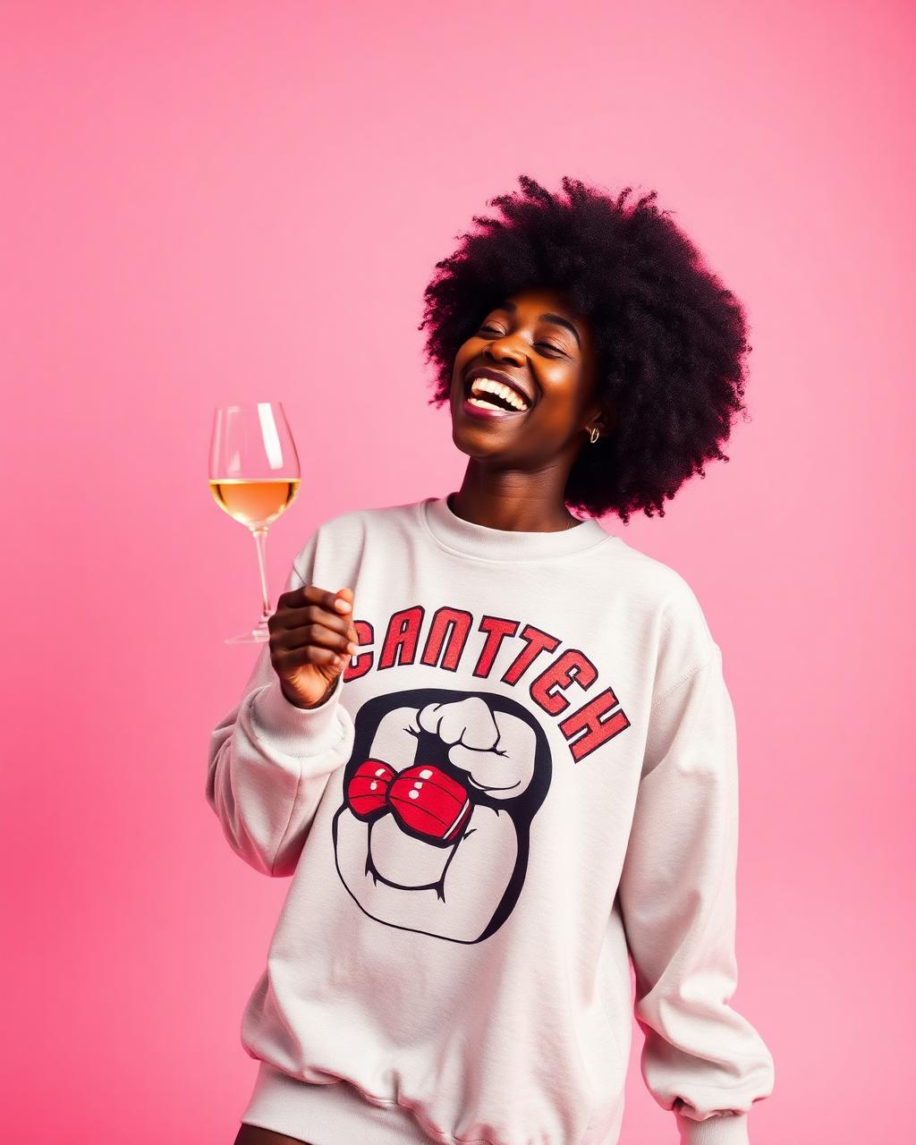 Woman in a graphic sweatshirt laughing while holding a wine glass