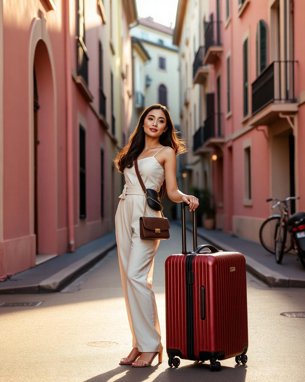Woman with a suitcase and crossbody bag on a pastel European street