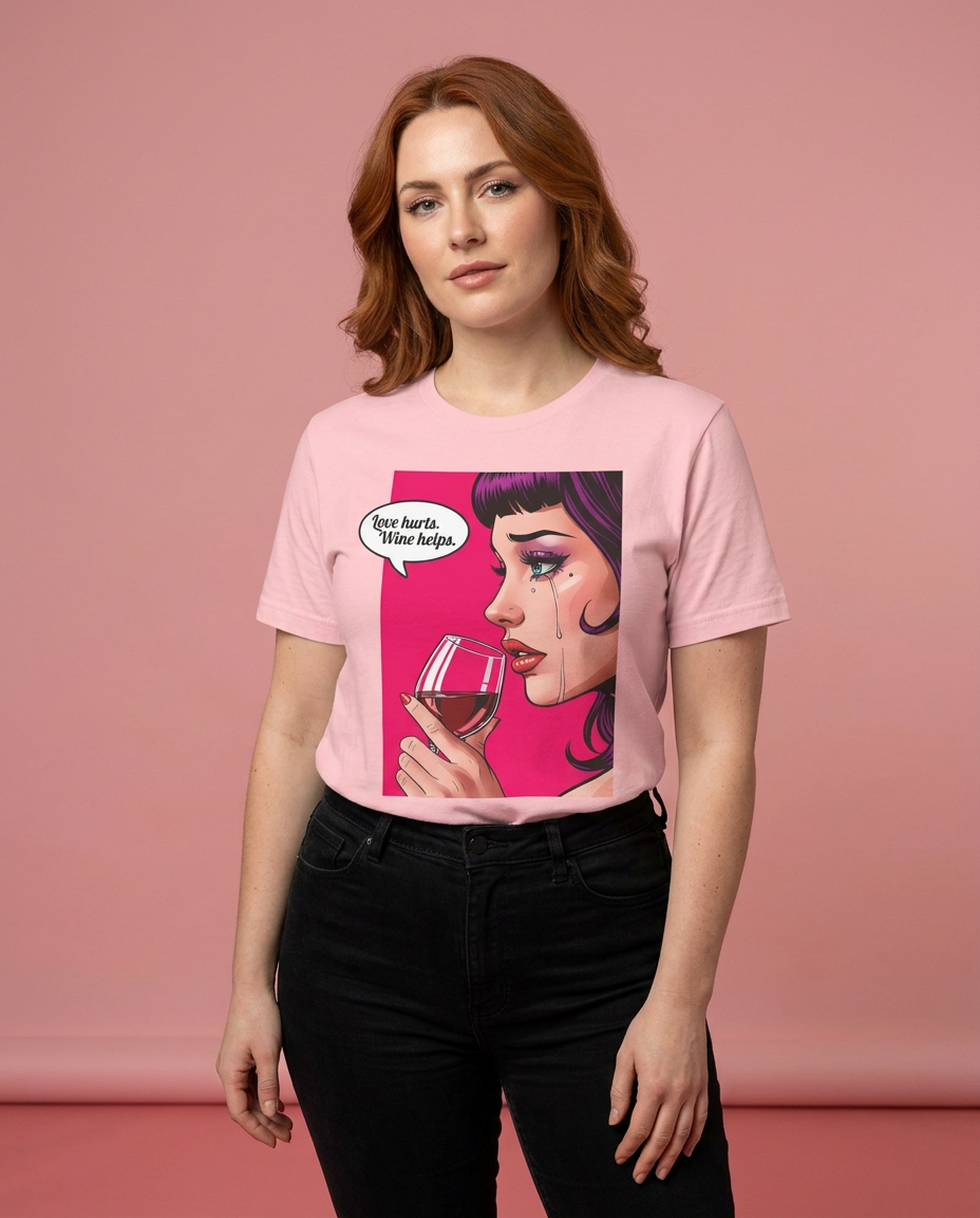 Love Hurts Wine Helps Pop Art Tee worn by a model