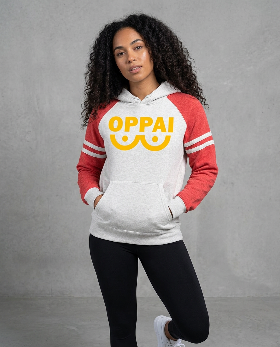 Oppai Varsity Raglan Hoodie worn by a model
