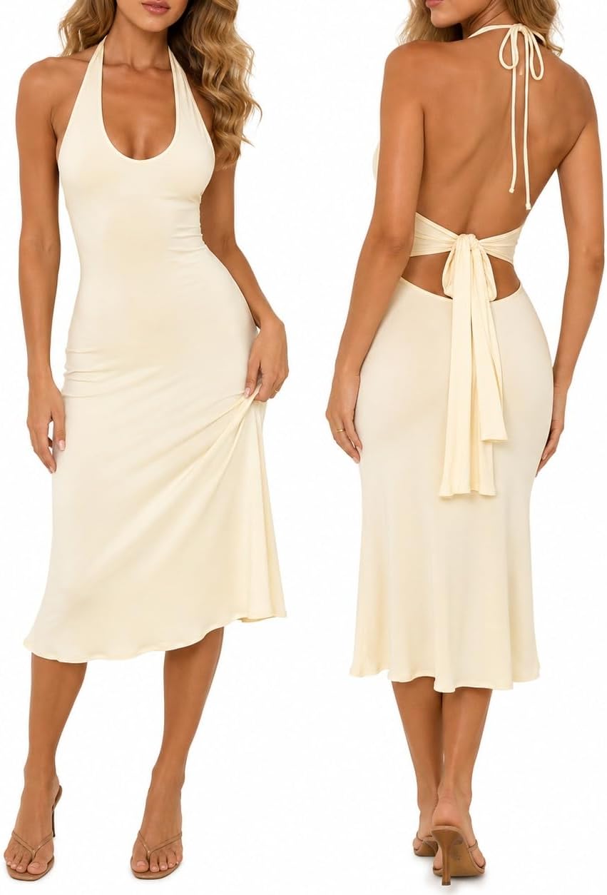 VTYFRY Coquette Halter Backless Midi Dress worn by a model