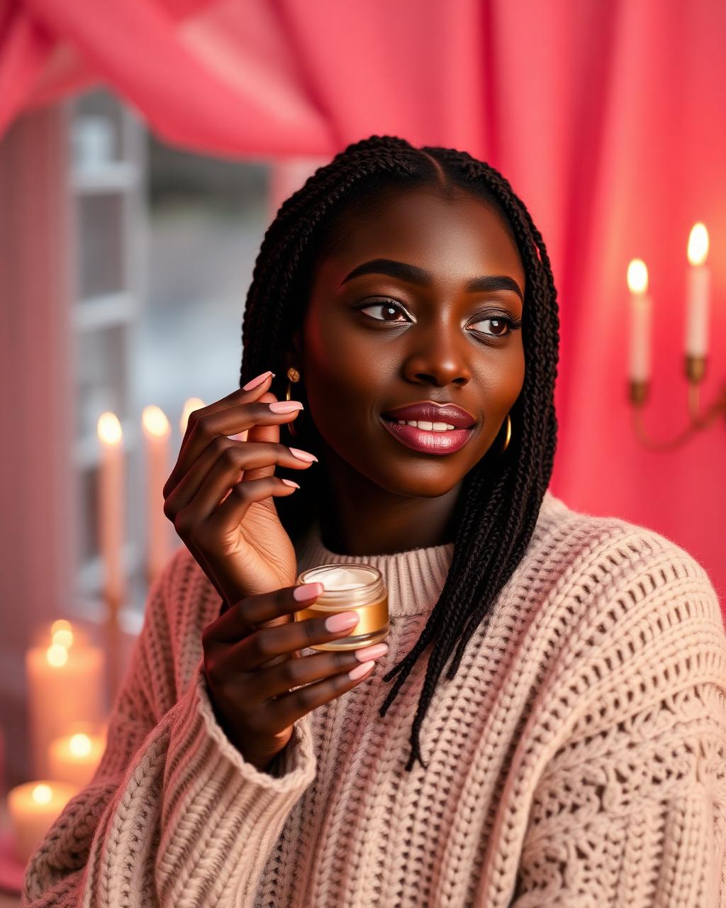 Woman applying face cream in a warm candlelit room