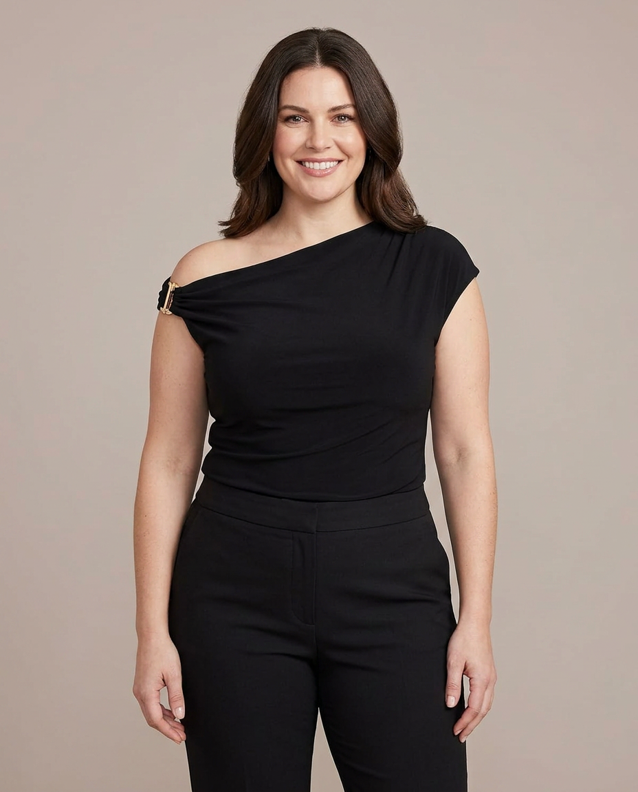 Zesica One Shoulder Blouse worn by a model